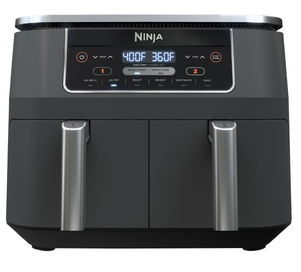 A sleek Ninja Foodi dual-basket air fryer in black with digital controls.